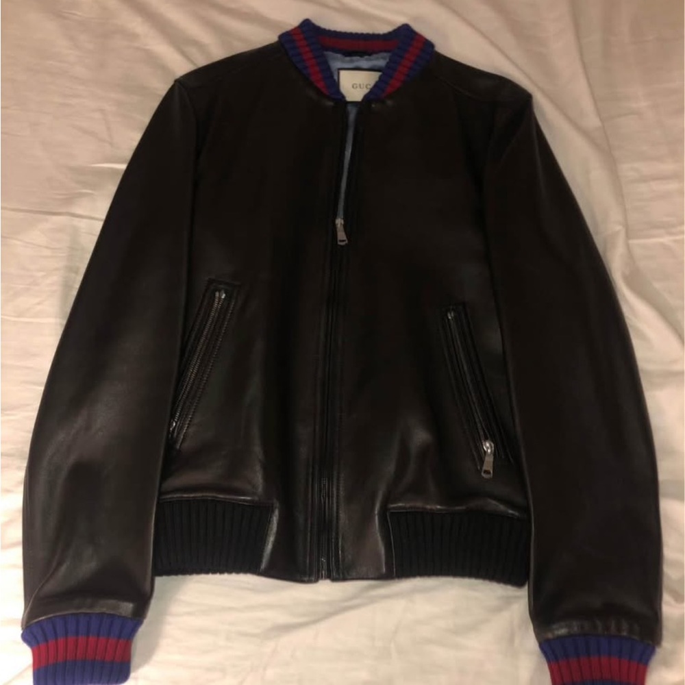 Gucci Black Leather Bomber Jacket with Blue and Red Trim